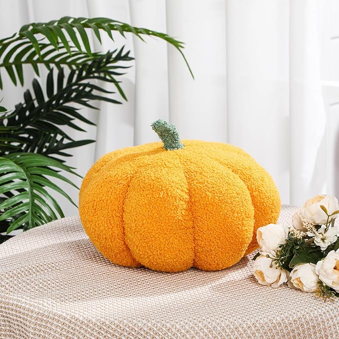 Kajaia 2 Pcs Pumpkin Pillow Plush 11 x 9.5 Inch 3D Cushion Fall Decorations Simulated Stuffed Throw Pillows for Halloween Thanksgiving Bedroom Sofa Couch Supplies (Yellow,Brown)