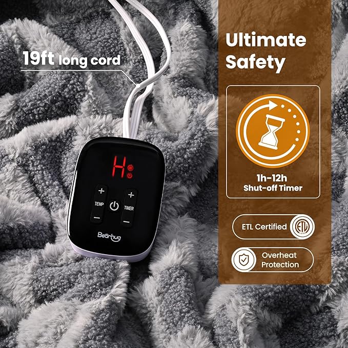 Bearhug Electric Blanket Full Size 77" x 84", Gray Teddy Faux Fur & Warm Sherpa Heated Blanket, 10 Heating Levels & 1-12H Auto Off, ETL Certified, Machine Washable, Gift Box