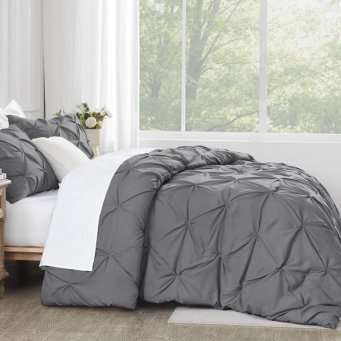 Andency Medium Gray Queen Comforter Set, 3 Piece All Season Decorative Pintuck Bedding Comforter & Sets, Grey Soft Microfiber Lightweight Washable Bed Set for Queen Size Bed