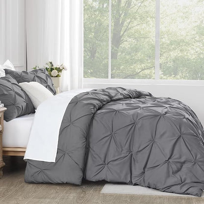 Andency Medium Gray Queen Comforter Set, 3 Piece All Season Decorative Pintuck Bedding Comforter & Sets, Grey Soft Microfiber Lightweight Washable Bed Set for Queen Size Bed