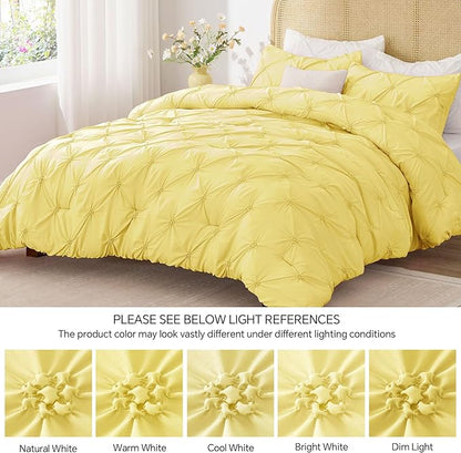 BEDELITE Light Yellow King Size Comforter Set - 3 Pieces Boho Pintuck Bedding Comforter Sets, Lightweight Soft & Warm King Bedding Set with 2 Pillowcases for All Season