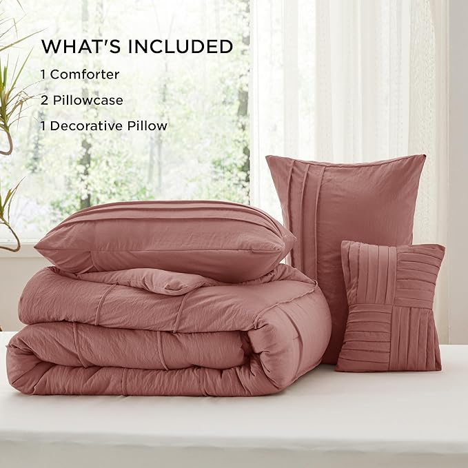 Bedsure Queen Comforter Set - 4 Pieces Pinch Pleat Bed Set, Dusty Pink Boho Bedding for All Season, 1 Soft Comforter, 2 Pillowcases, 1 Decorative Pillow
