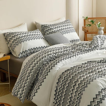 CLOTHKNOW Black White Queen Comforter Set Striped Waves Bedding Comforter Sets Soft All Season Farmhouse Comforter with 2 x Pillow Cases