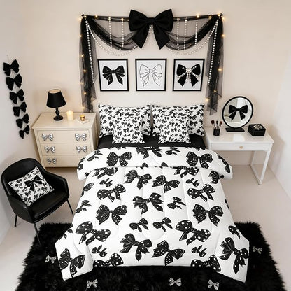Erosebridal Black Bowknot Girls Kids 7 Piece Bedding Set Twin | White Polka Dots Comforter Set with Sheets Kawaii Ribbon Bow Bed in A Bag Teens Women Bed Sets