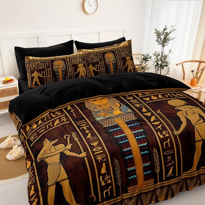 Ancient Egypt Comforter Set Black Gold Bedding Set Pharaoh Tribal Retro Comforter Egypt Cultural Theme Bedroom Decor Boho Exotic Vintage Bedding King Bed in A Bag