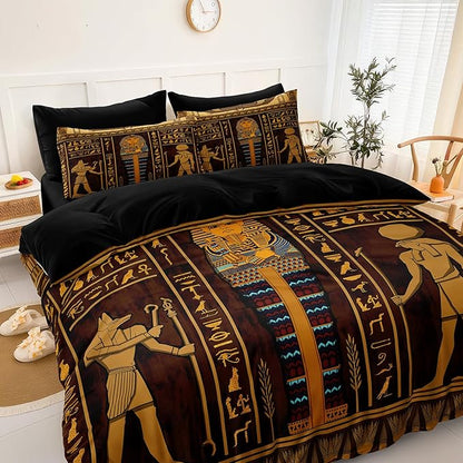 Ancient Egypt Comforter Set Black Gold Bedding Set Pharaoh Tribal Retro Comforter Egypt Cultural Theme Bedroom Decor Boho Exotic Vintage Bedding Queen Bed in A Bag
