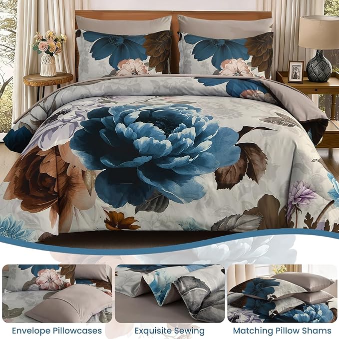 WONGS BEDDING Floral Comforter Set King Size, 7 Pieces Bed in a Bag Bedding Set, Grey and Blue Flower Comforter Soft Microfiber for All Season with Pillowcases & Shams,Sheets(90"×90")