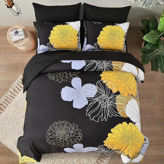 Yiran Floral Comforter Set California King,7 Pieces Bed in a Bag Soft Microfiber Comforter Bedding with Comforter Flat Sheet Fitted Sheet Pillow Shams Pillowcases,104"x96"