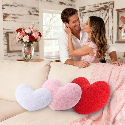 3 Pcs Heart Shaped Throw Pillows Set, Soft Teddy Fleece Plush Decorative Cushions in Red Pink White, Cute Aesthetic Accent Pillows for Sofa Couch Bed Bedroom Apartment Dorm Room Decor