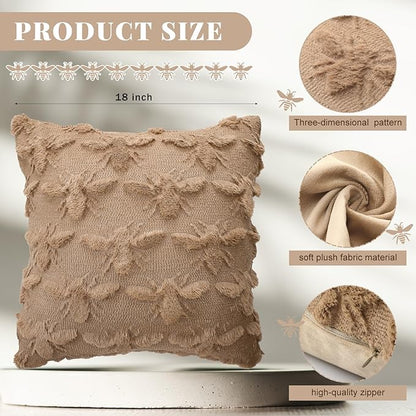 2 Pcs Bee Throw Pillow Covers 8 x 18 Inches Brown Bee Farmhouse Decorative Pillow Covers Soft Plush Faux Fur Wool Pillowcase for Sofa Bed