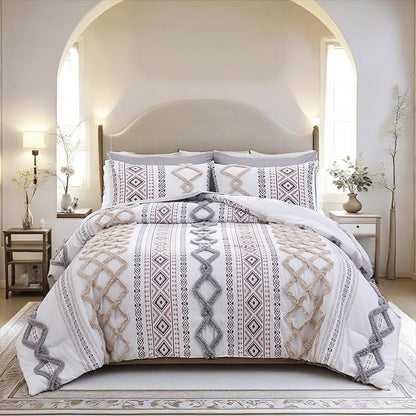 MOVE OVER Beige and Gray Tufted Comforter Set Queen Size 5 Pieces Bohemian Style Geometric Tufted Bedding Set Farmhouse Boho Aztec Comforter Set with 2 Decor Pillow Covers for Room Decor