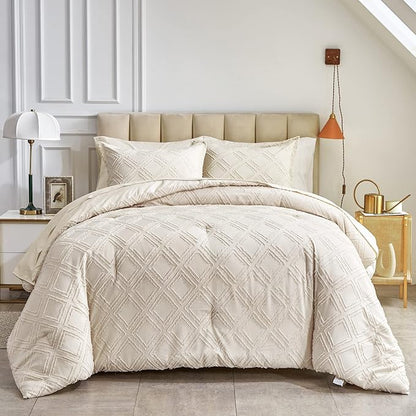 7 Pieces Tufted Bed in a Bag King Comforter Set with Sheets Beige, Soft and Embroidery Shabby Chic Boho Bohemian, Luxury Solid Color with Diamond Pattern, Jacquard Tufts Bedding Set for All Season