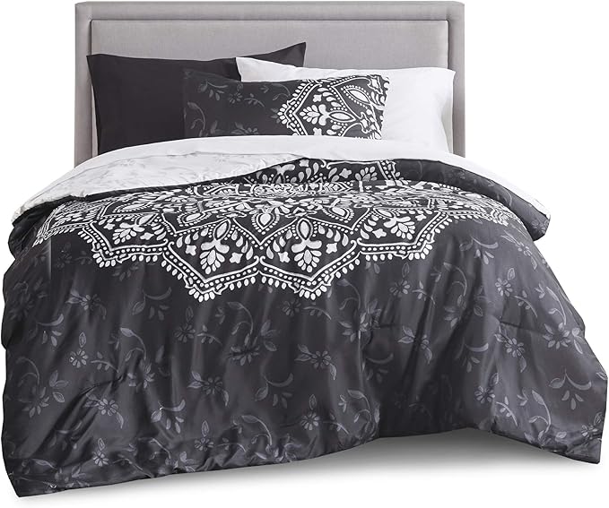 Comfort Spaces Bed in A Bag - Trendy Casual Design Cozy Comforter with Complete Sheet Set with Side Pocket, All Season Cover, Matching Shams, Twin XL (66 in x 90 in), Ava Medallion Black 6 Piece