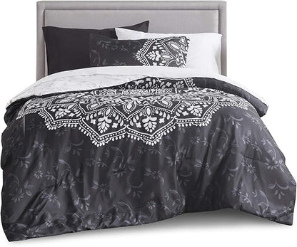 Comfort Spaces Bed in A Bag - Trendy Casual Design Cozy Comforter with Complete Sheet Set with Side Pocket, All Season Cover, Matching Shams, Twin XL (66 in x 90 in), Ava Medallion Black 6 Piece
