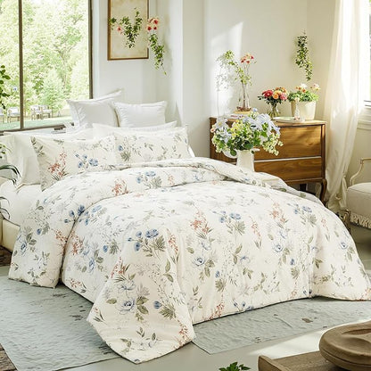 Floral Comforter Set King Size 100% Cotton Comforter Green Floral Bedding Comforter Set 3pcs Ultra Soft and Easy Care Reversible Lightweight Bedding Sets