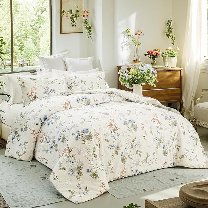 Floral Comforter Set King Size 100% Cotton Comforter Green Floral Bedding Comforter Set 3pcs Ultra Soft and Easy Care Reversible Lightweight Bedding Sets