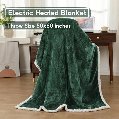 Heated Blanket Electric Throw Size 50''x60'' with 9 Heating Levels, 1-10 Hour Auto Shut Off, Machine Washable, Flannel & Sherpa Double-Sided Soft Warming Blanket for Couch, Bed, Office - Grass Green