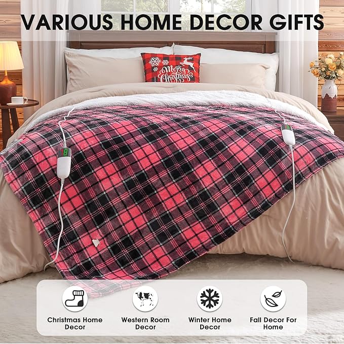 Pink Heated Blanket Electric, Queen Size 84X90, 10 Heat Levels/8 Hours Auto Off/Dual Control for Bed, Blue Plaid Checkered Sherpa Blanket Warmer for Adult, Washable Gift
