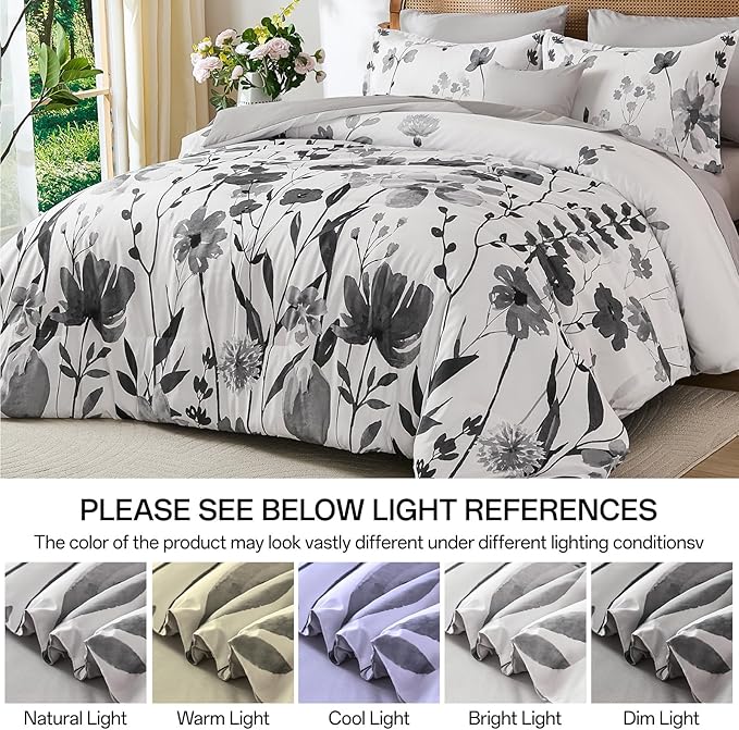 Anibedding 8Pieces Queen Comforter Set, Grey Watercolor Floral Queen Size Bed in a Bag Comforter Set with Pillowcase, Sheets for All Season
