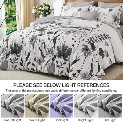 Anibedding 8Pieces Queen Comforter Set, Grey Watercolor Floral Queen Size Bed in a Bag Comforter Set with Pillowcase, Sheets for All Season