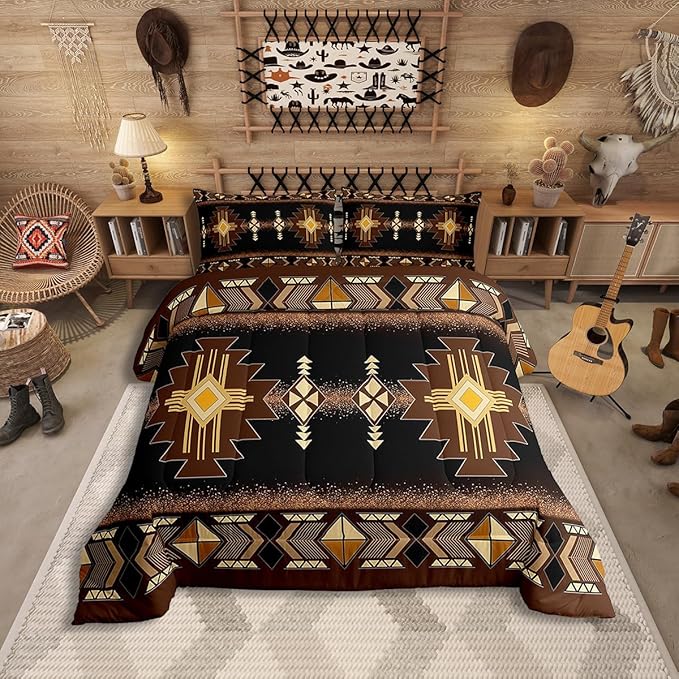 Erosebridal Boys Queen Western Aztec Comforter Set, Boho Southwestern Bedding Set Brown Primitive Tribal Bedding Comforter Sets Boho Vintage Rural Quilt American Native Bedroom Decor for Teens