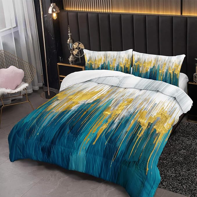 Lake Blue White Golden Gradient Print Comforter Set King Size,Abstract Art Bedding Set,Patchwork Printed Quilted Set for Teens Adult,with 1 Comforter and 2 Pillow Case