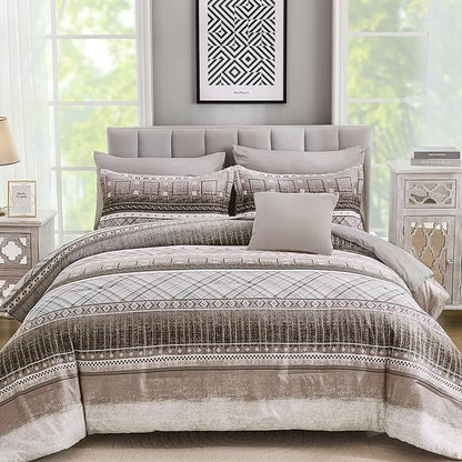 WONGS BEDDING Queen Size Comforter Set 8 Piece, Texture Striped Bed in a Bag Brown Comforter and Sheet Set, Boho Lightweight Microfiber Bedding Set for All Season (90"×90")