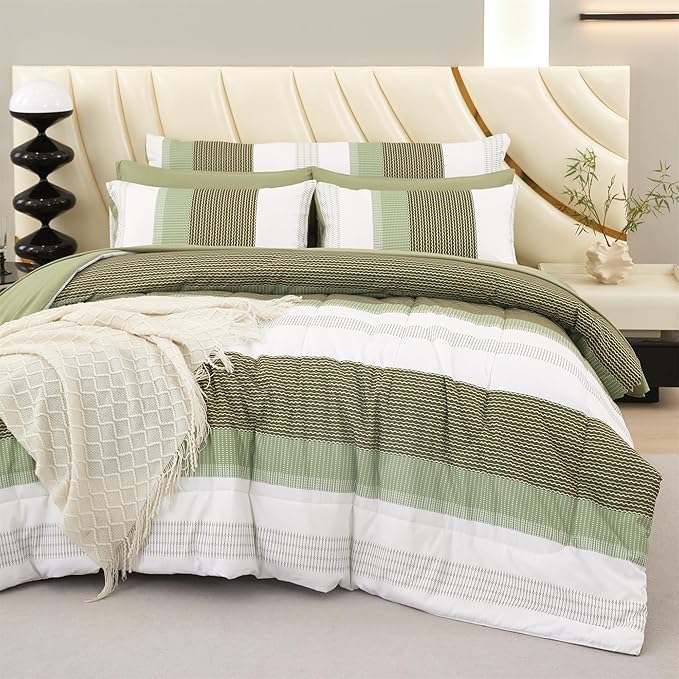 RYNGHIPY Olive Green Striped Bed Sets: 8 Pieces Soft Lightweight Bed in A Bag Queen Size Microfiber Down Alternative Comforter Sets with Corner Loops (Queen,Olive Green)