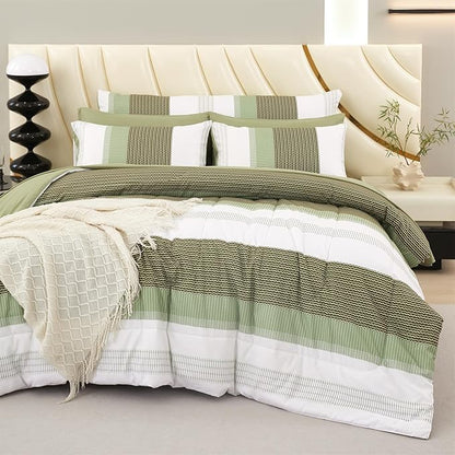 RYNGHIPY Olive Green Striped Bed Sets: 8 Pieces Soft Lightweight Bed in A Bag Queen Size Microfiber Down Alternative Comforter Sets with Corner Loops (Queen,Olive Green)