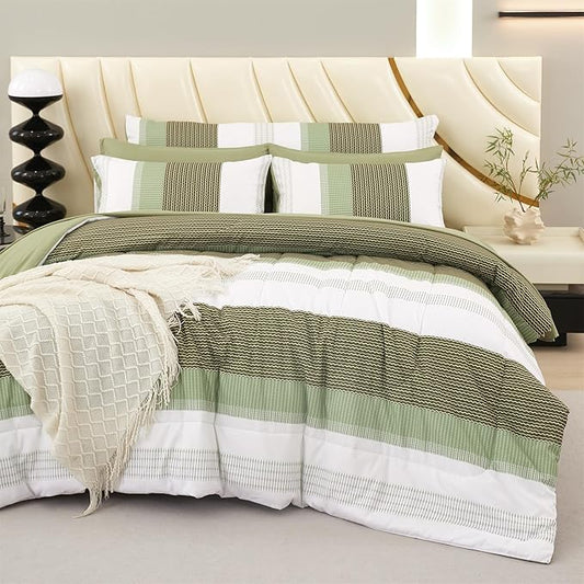 RYNGHIPY Olive Green Striped Bed Sets: 8 Pieces Soft Lightweight Bed in A Bag Queen Size Microfiber Down Alternative Comforter Sets with Corner Loops (Queen,Olive Green)