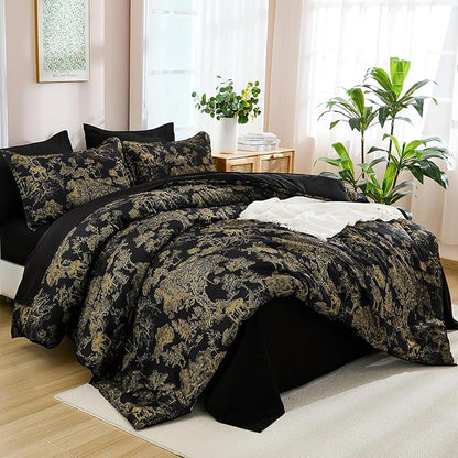 DJY Black Comforter Set Queen, 7 Pieces Black and Gold Botanical Comforters Bed in a Bag Queen Size Elegant Plants Print Bedding with Comforter, Flat Sheet, Fitted Sheet, Pillow Shams Pillowcases