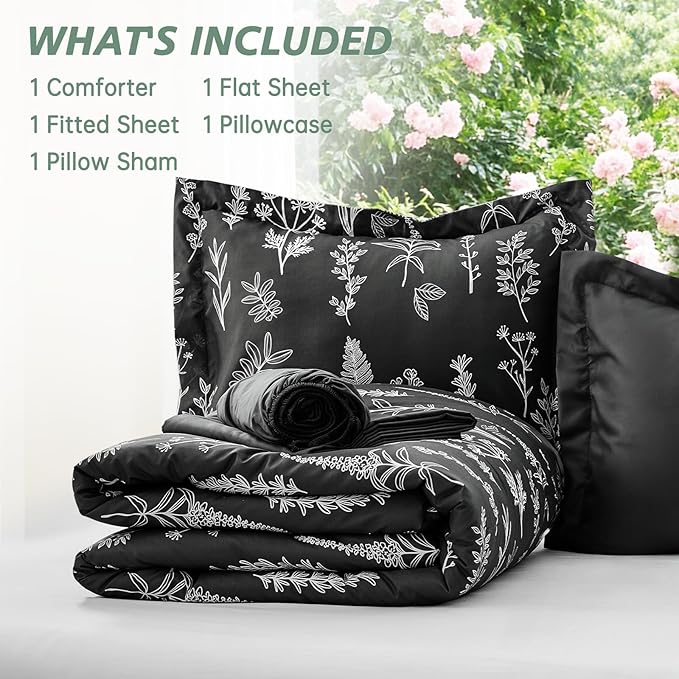 MUXHOMO Black Twin Comforter Set, Elegant Floral Print Bed in a Bag 5 Pieces, Ultra Soft & Breathable Reversible Botanical Pattern Bedding Set with Comforter, Sheets, Pillowcase, and Sham
