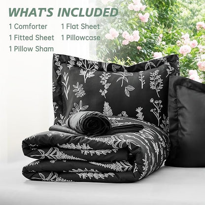 MUXHOMO Black Twin Comforter Set, Elegant Floral Print Bed in a Bag 5 Pieces, Ultra Soft & Breathable Reversible Botanical Pattern Bedding Set with Comforter, Sheets, Pillowcase, and Sham