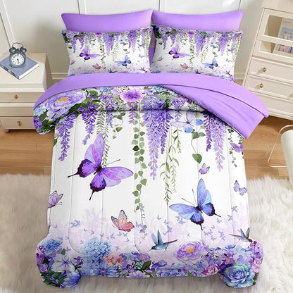 Nesker 5 Pcs Spring Comforter Set Twin Size, Purple Floral Bedding Set for Kids and Adults, Butterfly Wisteria Hydrangea Bed Sheet Sets with Fitted Sheet Pillowcase & Sham