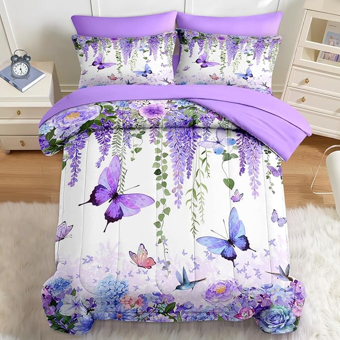 Nesker 7 Pcs Spring Comforter Set King Size, Purple Floral Bedding Set for Kids and Adults, Butterfly Wisteria Hydrangea Bed Sheet Sets with Fitted Sheet 2 Pillowcases & 2 Shams