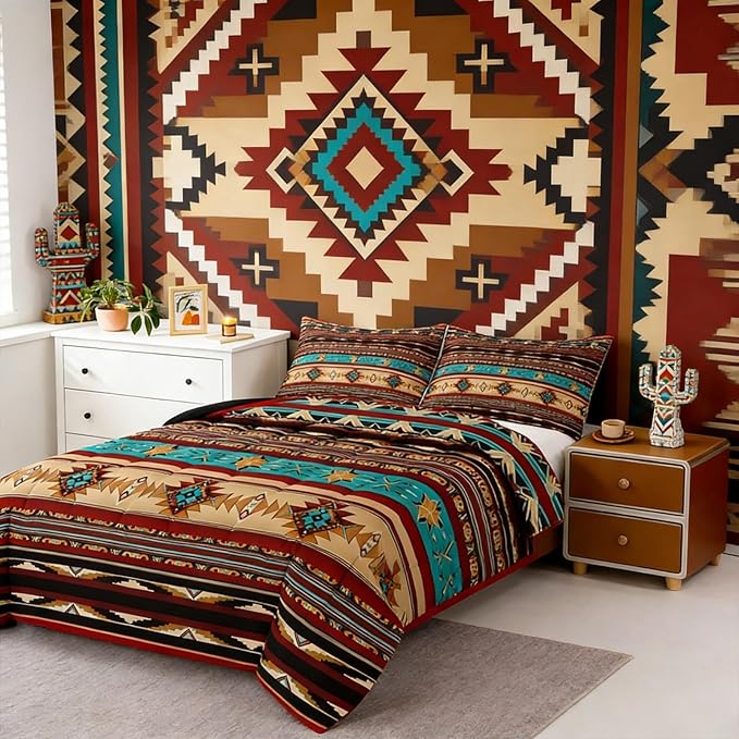 Aztec Quilt Ethnic Tribal Arrow Comforter Set,Vintage Southwestern Native Bohemian Bedding Set Twin,Western Star Duvet Insert Exotic Geometric Diamond Stripes Room Decor,Burnt Sienna Brown