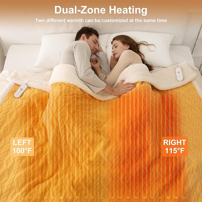 King Size Electric Blanket 100"X90" Yellow - Soft Thick Warm Sherpa Heated Blanket for Winter with Dual Control, 5 Heating Levels & 10hrs Auto Off for Women, Overheat Protection for Bed