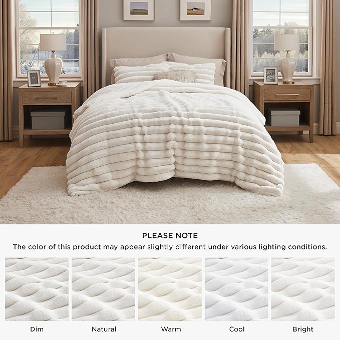 Bedsure Faux Fur Queen Comforter Set - Coconut White Fluffy Comforter Queen Size, Soft and Cozy Shaggy Bedding Comforter Sets, Winter Warm Luxury Fuzzy Bed Set, 1 Comforter and 2 Pillowcases