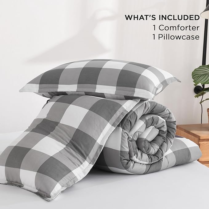 Andency Plaid Comforter Twin XL(68x92Inch), Gray White Checkered Gingham Buffalo Grid Bed Set for Students Boys Kids Teens, 2 Pieces Lightweight Microfiber Geometric Dorm Bedding