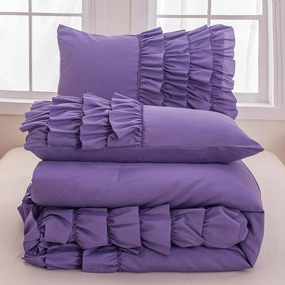MWMWMW Girls Purple Ruffle Comforter Set Full, Purple Ruffle Bedding Set, 3Pcs Full Size Bedding Sets for Kids Girls, All Season Use