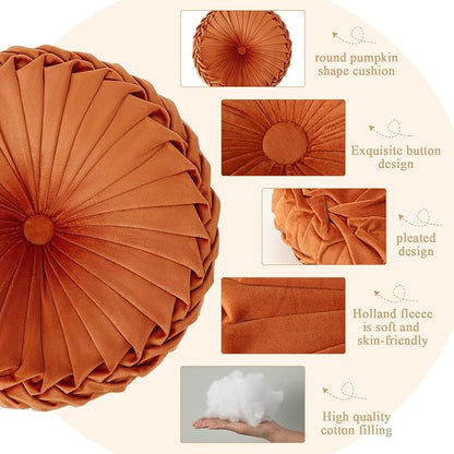 4 Pcs Round Throw Pillows Decorative Velvet Pleated Throw Pillows 15'' Diameter Accent Pumpkin Boho Chair Cushion for Couch Sofa Chair Bed Home Decoration (Burnt Orange,Yellow)