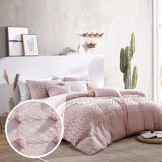 Swift Home Layla 100% Cotton Washed Clip Jacquard Gauze 5-Piece Bedding Comforter Set, All Season & Breathable, Oeko-TEX Certified – Hushed Blush, Full/Queen