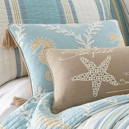 Levtex Home - Kailua - Decorative Pillow (14X18in.) - Seahorse - Teal Blue, Cream and Taupe - Feather Filled