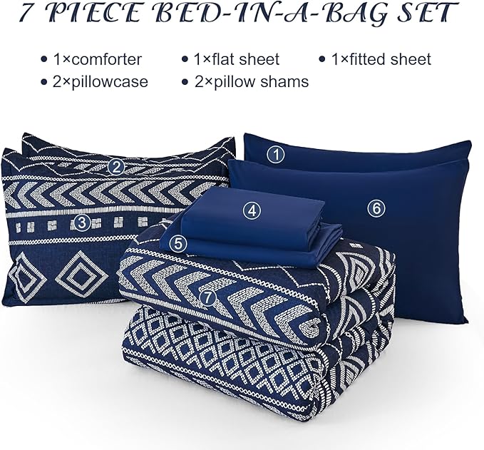 Yiran Navy Blue Comforter Set Queen Size, 7 Piece Boho Striped Bedding Set, Geometric Bed in a Bag Queen, Soft Microfiber Bohemian Complete Bedding Set with Sheets for All Season