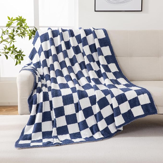 MorroMorn Checkered Blanket for Couch Bed Sofa Chair, 2-Layers Soft Cozy Fleece Plaid Blankets Checkerboard Grid - Fluffy Fuzzy Warm Lightweight Home Decor (Navy Blue, Twin 60"x80")