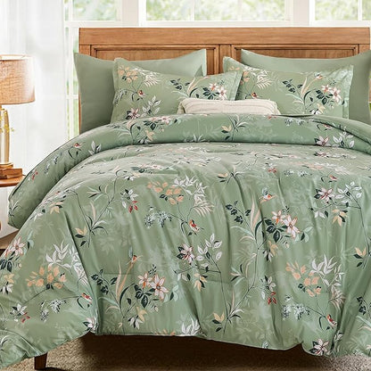 Green Queen Comforter Size Set, 7 Pieces Floral Bed in a Bag Bedding Sets, Lightweight Soft Comforter and Sheet Set, All Season Microfiber Flower Bedding Sets