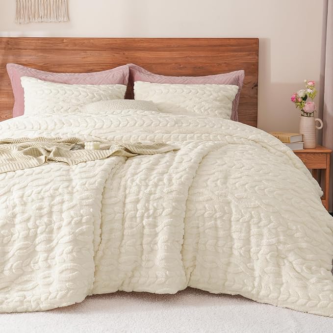 PHF Fluffy Sherpa Fleece Twin Comforter Set, 2 Pieces Warm Fuzzy Soft Bedding for Winter, 3D Tufted Flannel Plush Shaggy Bed Set, 1 Comforter (68"x90") and 1 Pillowcase (20"x26"), Cream