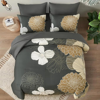 Yiran Queen Khaki Grey Brown Comforter Set - 7 Pieces Floral Bedding Sets,Bed in a Bag Soft Microfiber Comforter with Flat Sheet Fitted Sheet Pillowshams Pillowcases