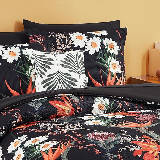 CASAAGUSTO King Size Comforter Set, 7 PCS Black Shore Floral Comforter Set with Flowers Leaves Pattern, Soft All Season King Bedding Set (102"X90")