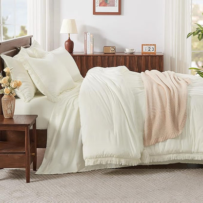 Andency Oversized King Comforter Set with Sheets 120x120 Ivory - 7 Pieces Boho Tassel Bed in a Bag Soft Lightweight Bedding Sets, Fringe Bed Set with Comforter, Sheets, Pillowcases & Shams